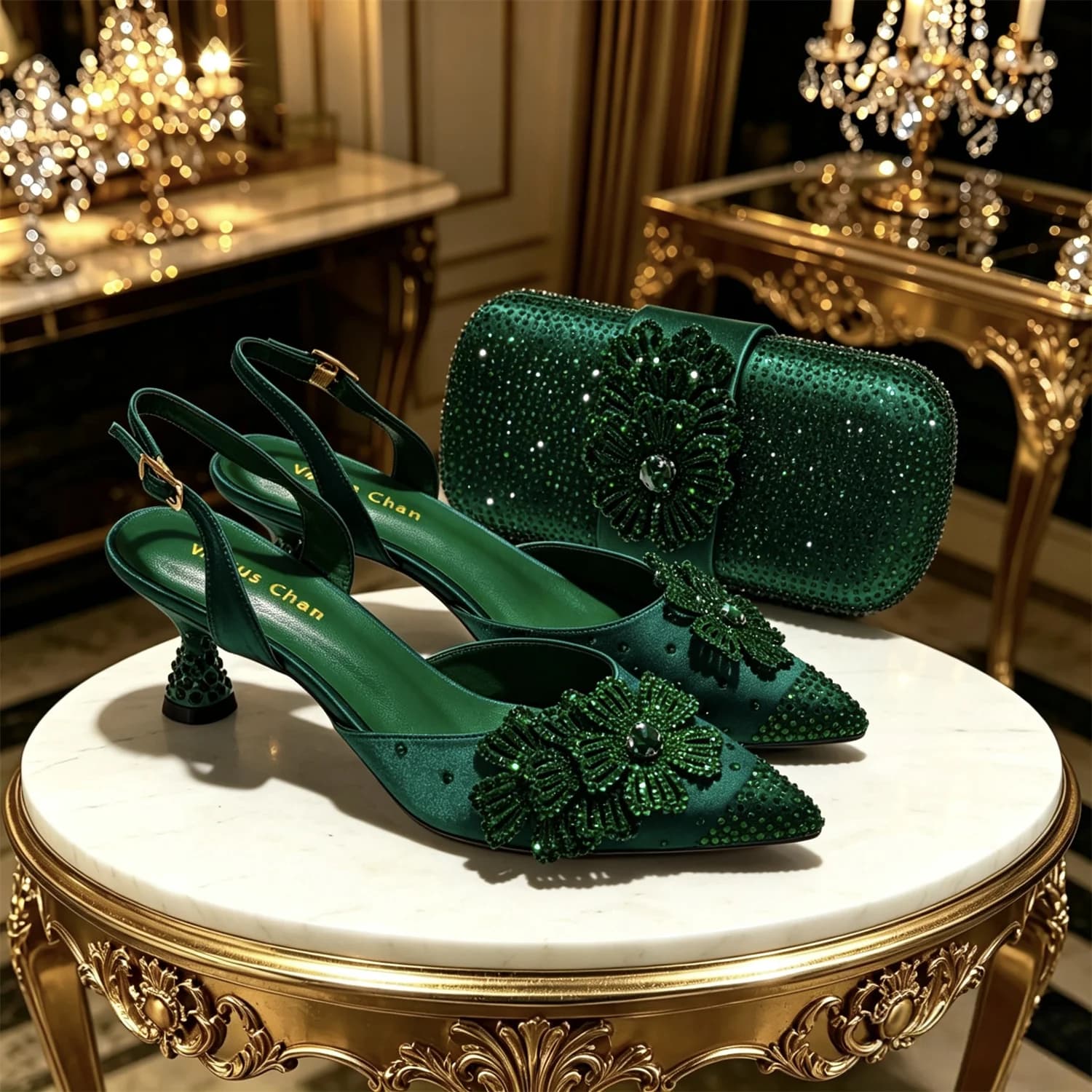 2026 Nigerian Women Heel Ladies Italian Luxury Design Green Shoes And Bag Set Decorated with Rhinestone Handbag Wedding Party