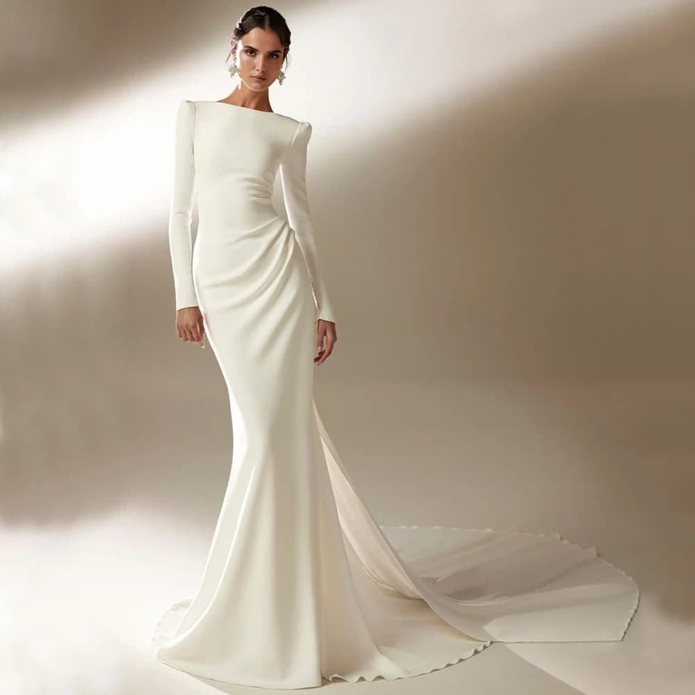Elegante abito da sposa a sirena a maniche lunghe con piega fino al pavimento da sposa sexy aperto sul retro applique delicati abiti da sposa personalizzati
