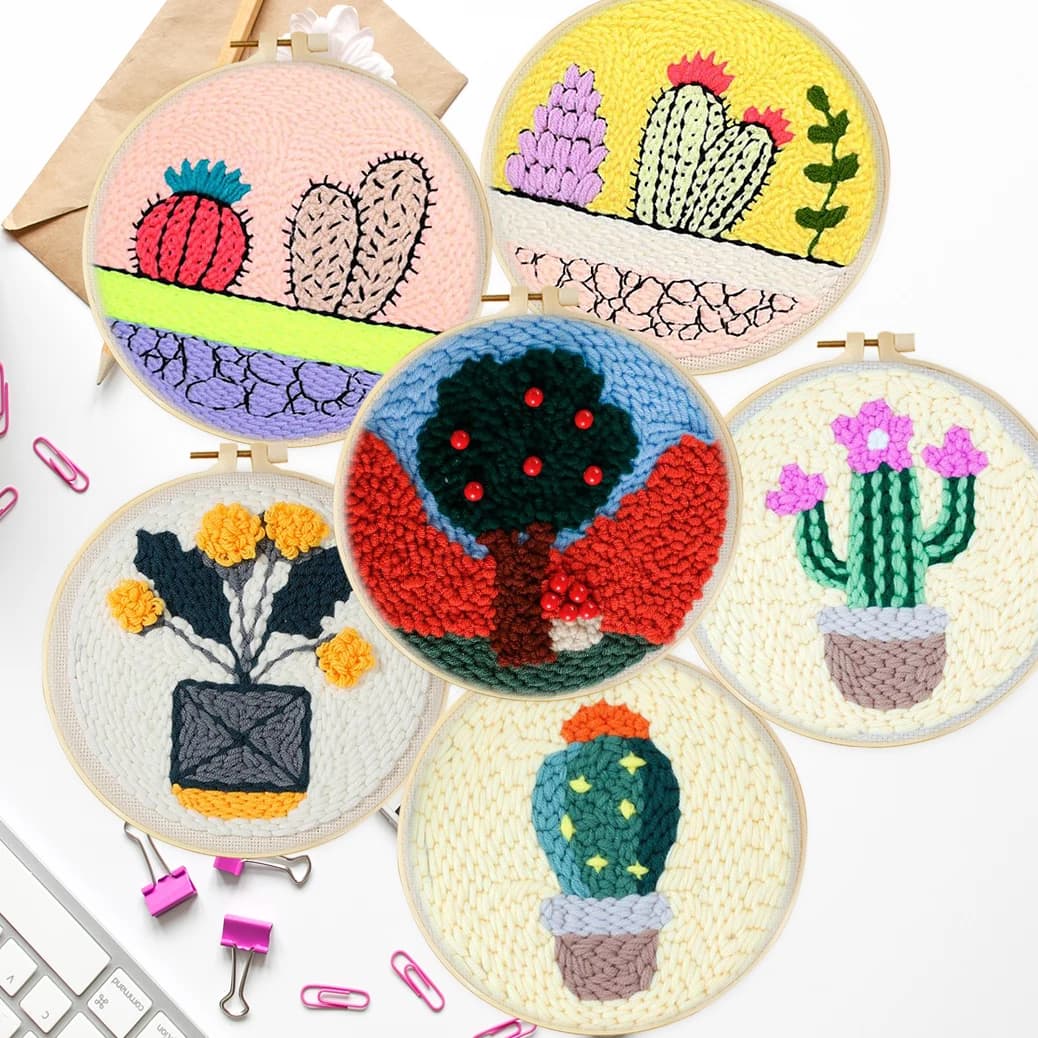 Cactus Plants Punch Needle Embroidery Kit with Yarn for Beginners Easy Embroidery DIY Wool Work Home Decor Custom Embroidery