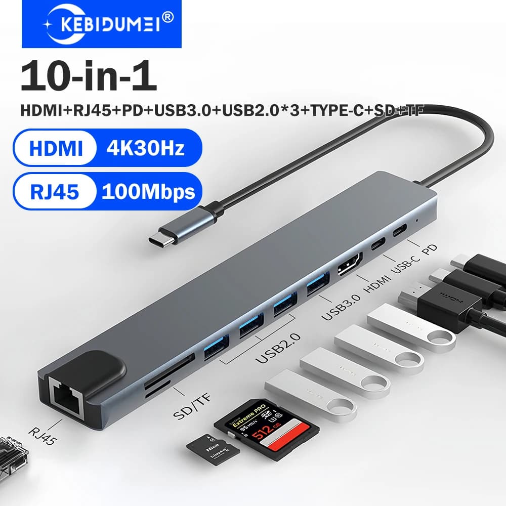 KEBIDUMEI Docking Station USB C 10-in-1, Hub USB 3.0, Adattatore da Tipo C a HDMI con Interfaccia Ethernet RJ45, Splitter USB, Adattatore OTG