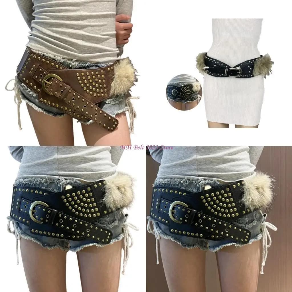 49ME Cintura lussuosa in peluche Cintura in Cintura in pelliccia Maillard con borchie punk uniche