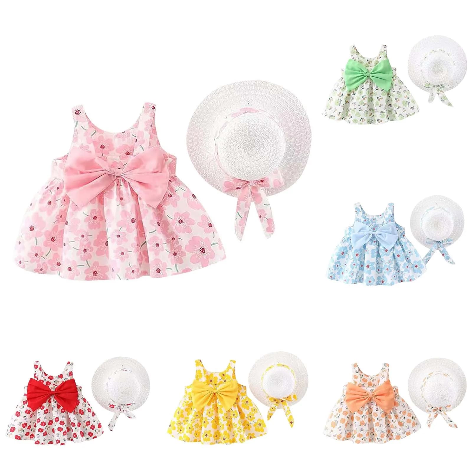 Abbigliamento per bambini Estate Nuova gonna a canotta completamente stampata con fiocco sul petto, dolce gonna da principessa con cappello di paglia come regalo