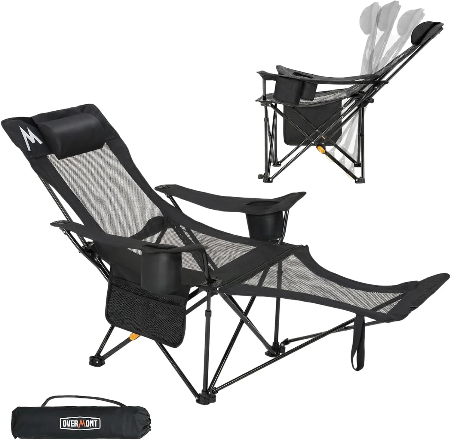 Sedia da Campeggio Reclinabile a 4 Posizioni con Poggiapiedi Rimovibile, Supporta 136 kg, Sdraio Pieghevole Portatile per Spiaggia, Prato e Patio