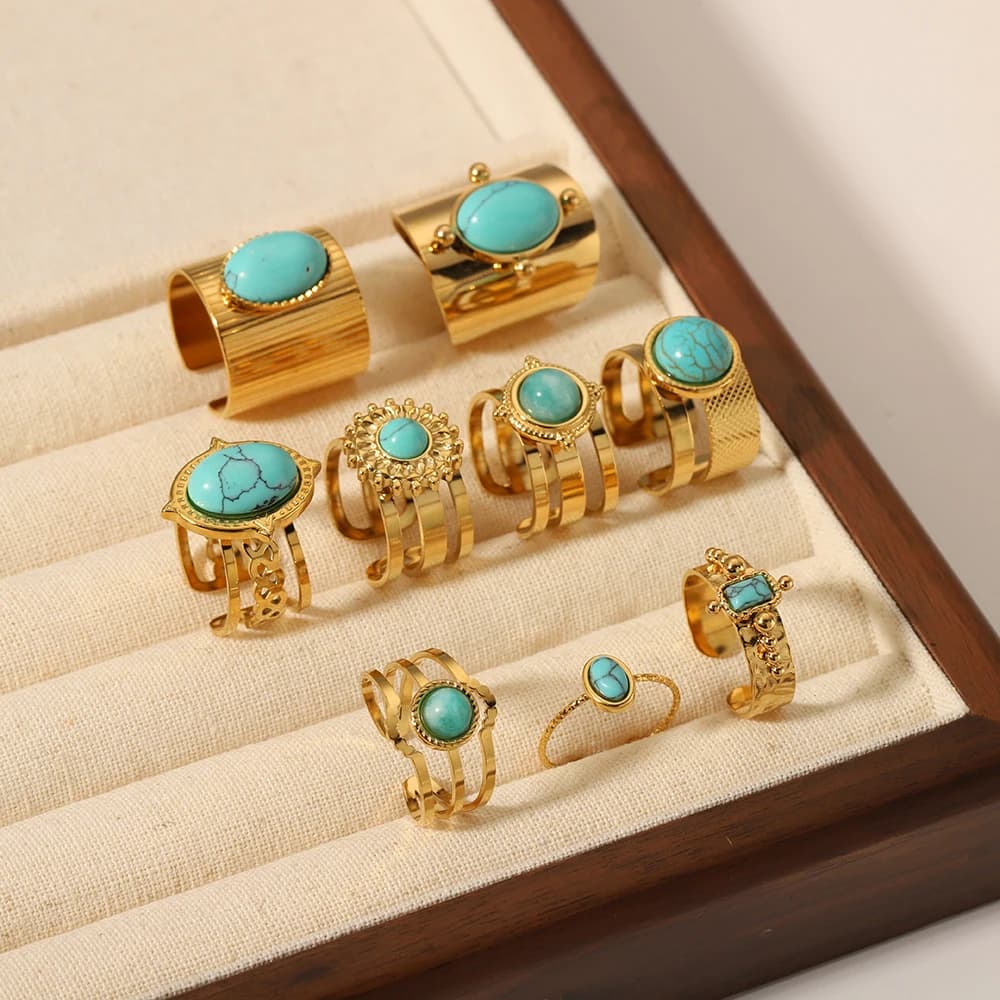 WILD & FREE Luxury Turquoise Stainless Steel Rings for Women Blue Natural Stone Vintage Aesthetic Jewelry PVD Waterproof