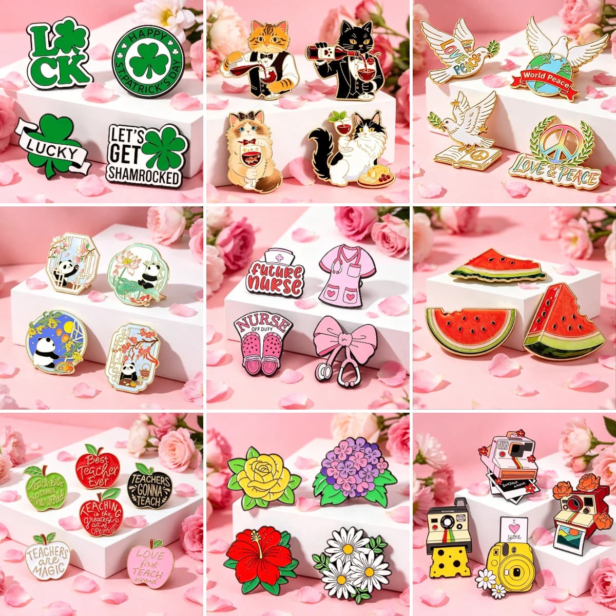 Set di 4 spille smaltate assortite: Gatto, Fiore, Infermiera, Anguria - Decorazioni per Zaini e Cappotti, Gioielli