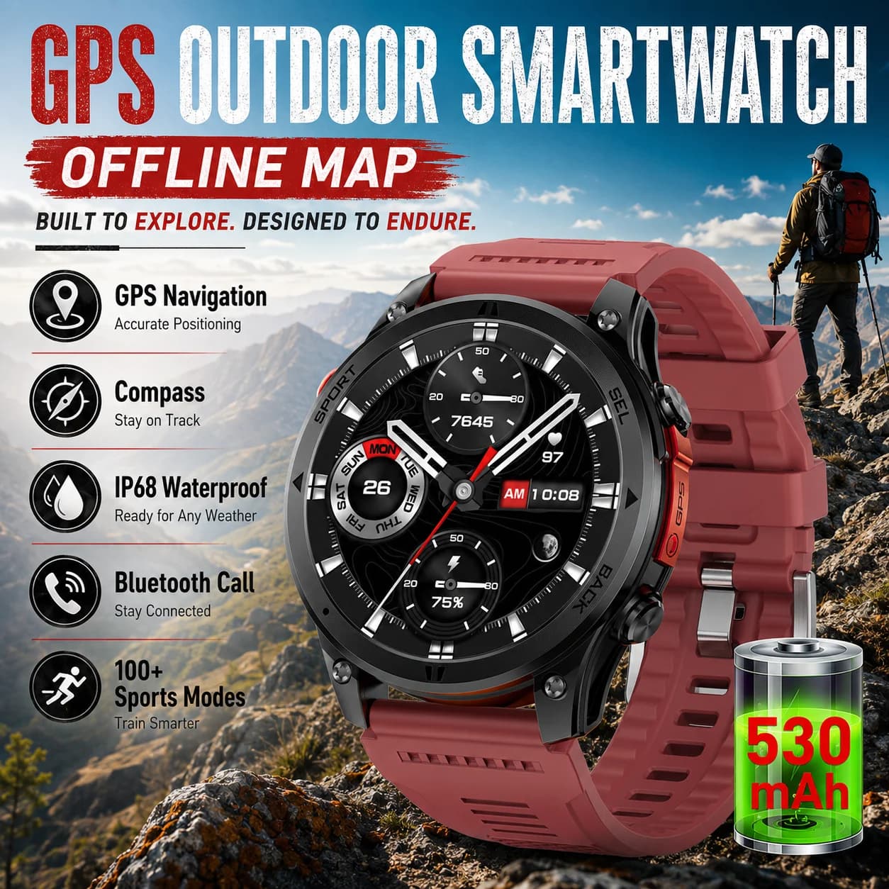 2026 Offline Map New Smart Watch IP68 Waterproof GPS Navigation Compass Altimeter Flashlight Men 170+ Sports Bracelet Men Women