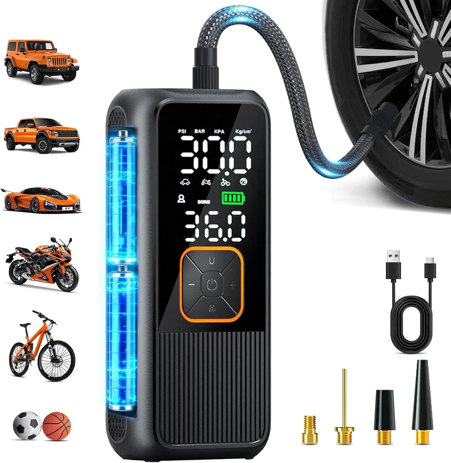 Compressore d'aria portatile Pompa per pneumatici senza fili da 150 PSI con indicatore digitale Luce a LED Spegnimento automatico per palla da bici per auto