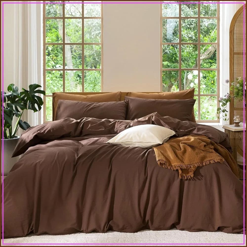 Washed Cotton Duvet Cover Set Queen - Linen Like Texture, Breathable & Soft, Cocoa Brown