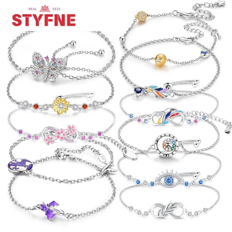 S925 Silver Adjustable Size Chain Link Bracelet for Women Feather Butterfly Star Life Tree Flower Heart Charm Jewelry Bracelets
