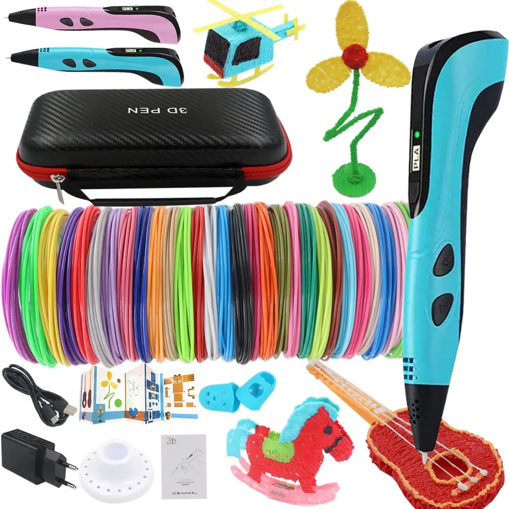 Nuovo design Set di penne per pittura con stampa 3D con display LCD Adattatore di alimentazione Filamento PLA Scatola da viaggio Regali di Natale di compleanno per bambini