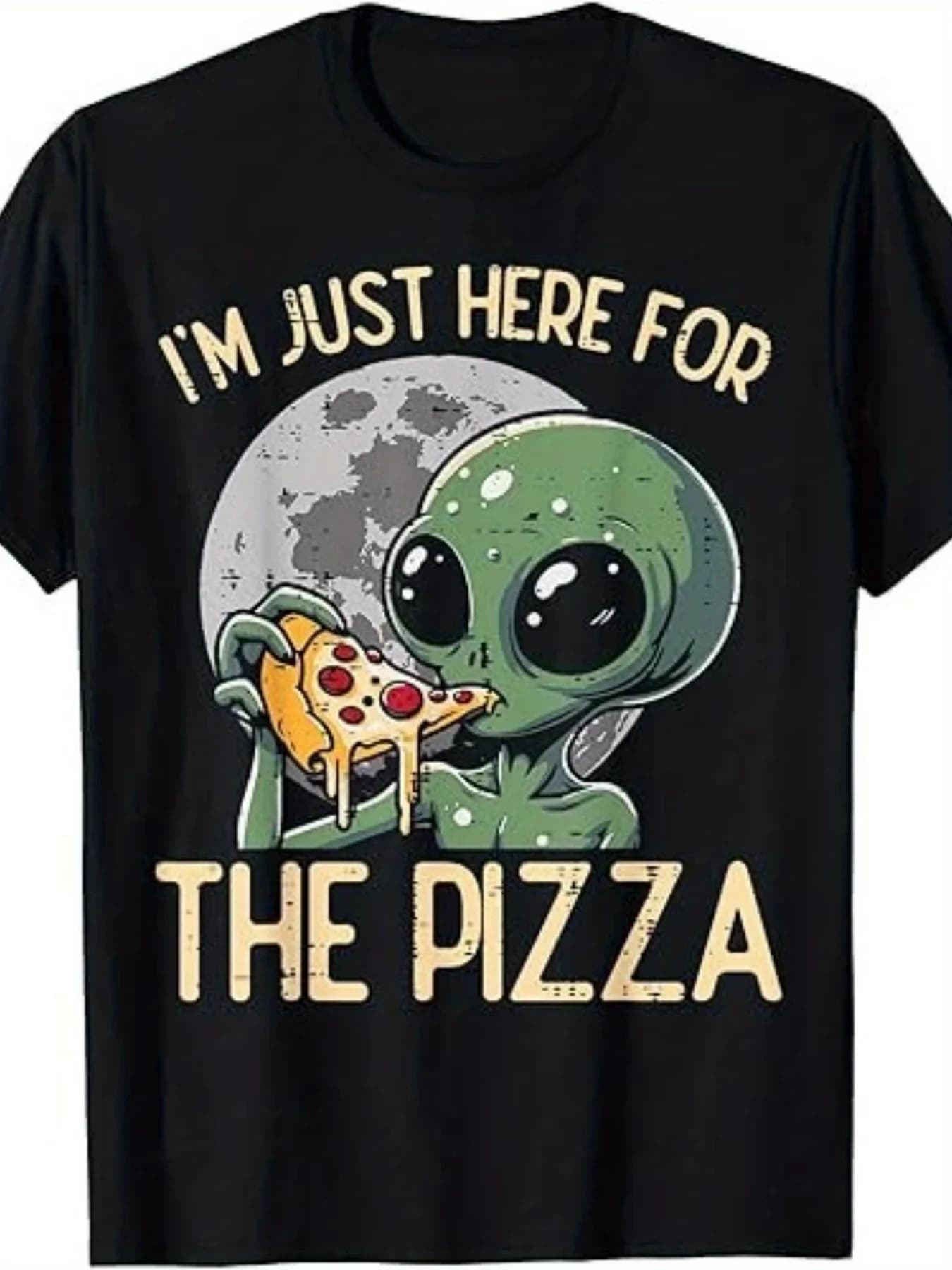 T-shirt da uomo con motivo divertente Alien Only Eat Pizza - Design vintage anni '80 con alieno verde e fetta di pizza - Tessuto morbido e traspirante