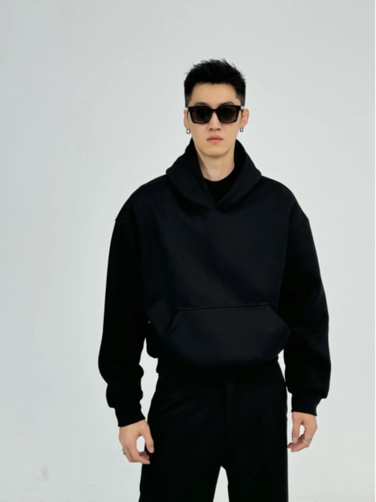 Black Fleece Lined Hoodie Men's Heavyweight Boxy Sweatshirt American Style Winter Casual Wear Resistant to Wrinkle And Deform...
