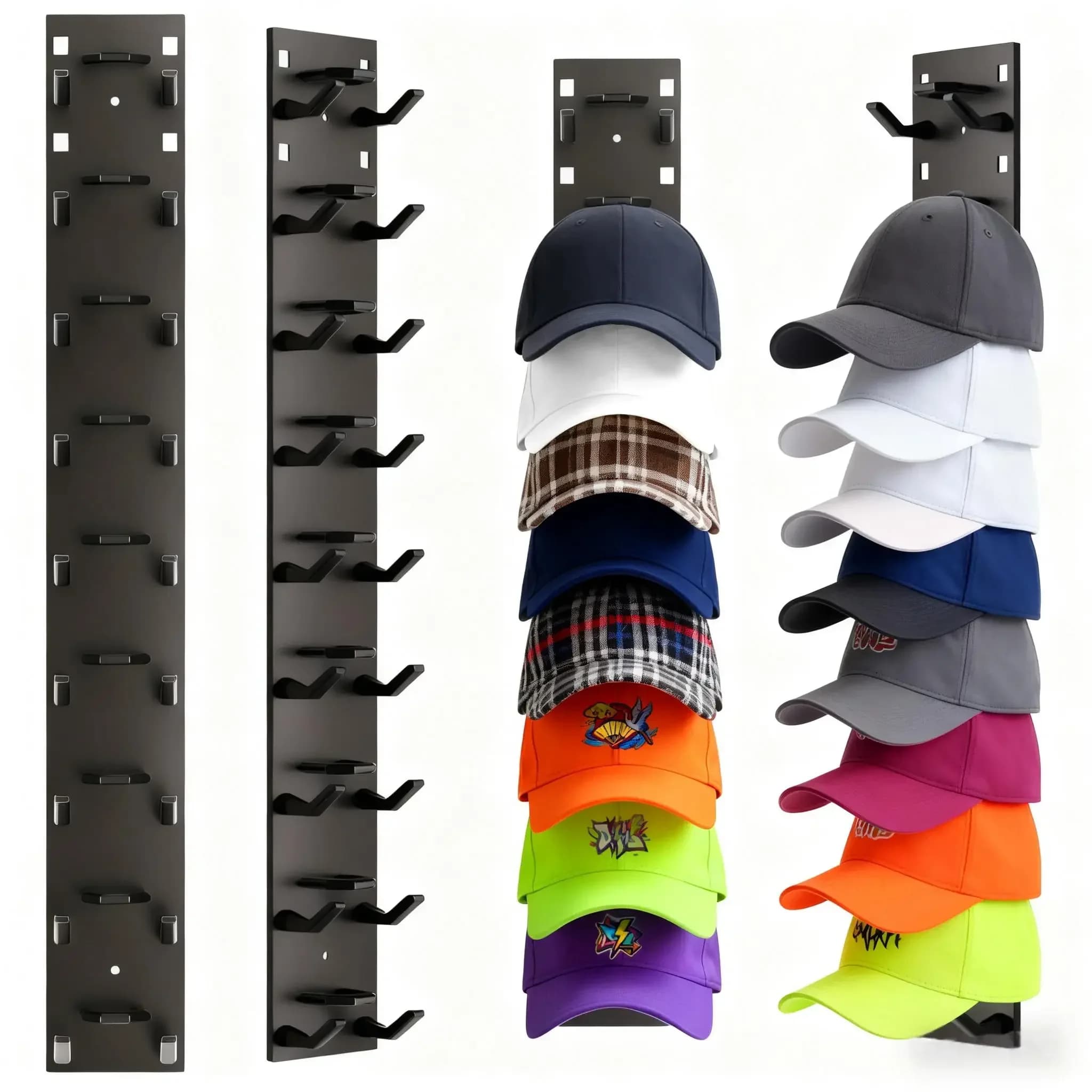 2Pcs Baseball Cap Organizer Wall Mounted Hat Rack Holds 18 Hats Over The Door Hanging Storage Holder Multi-Layer Closet Space Saver Shelf Bedroom Wall Decor Display Hanger Black