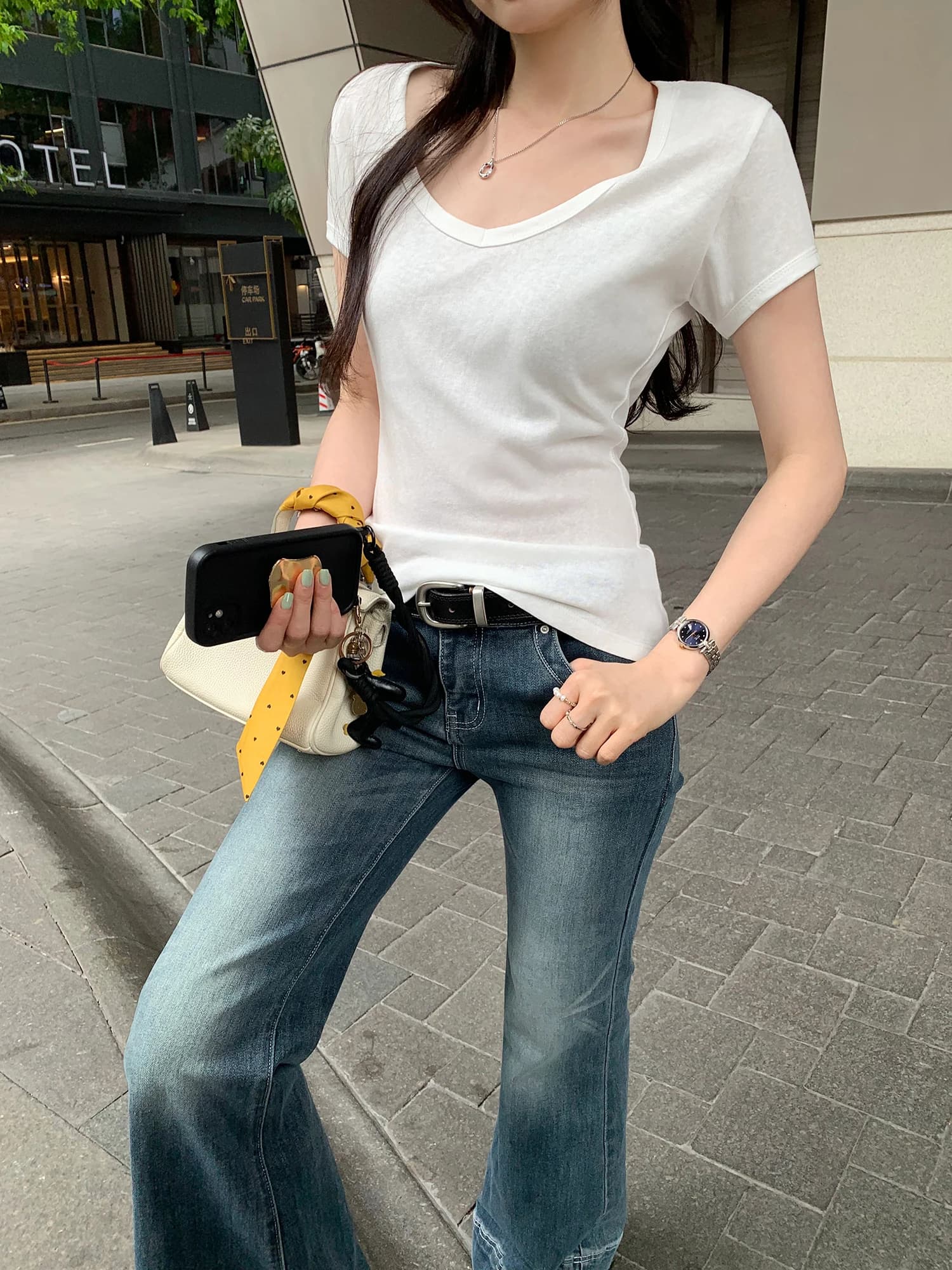 Fashionable U-Neck Short Sleeve T-Shirt Pure Color Versatile Women's Top Korean Style Commute Wind Slim Fit Cotton Polyester