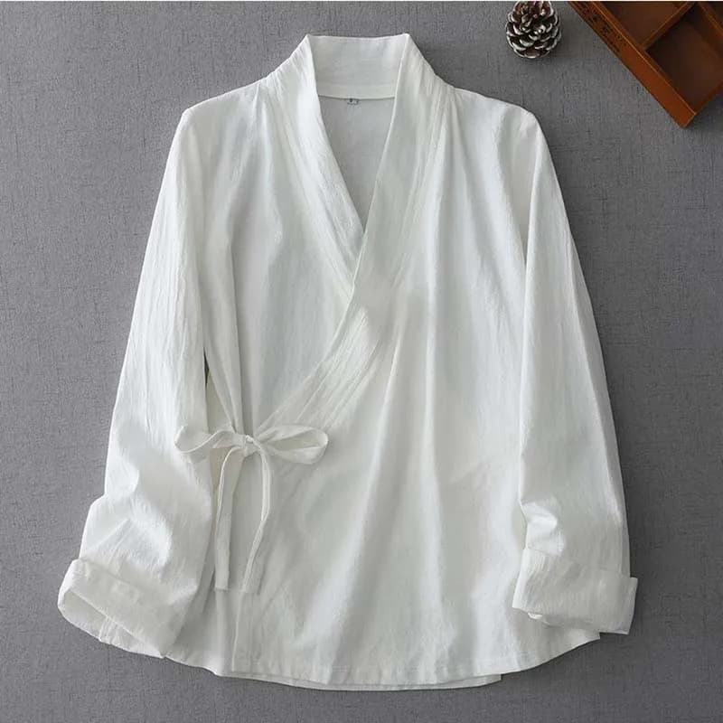 Camicia Kimono da Donna Stile Cinese con Laccio Frontale, Cardigan in Cotone Boho Primavera-Estate, Top Vintage Bianco e Nero