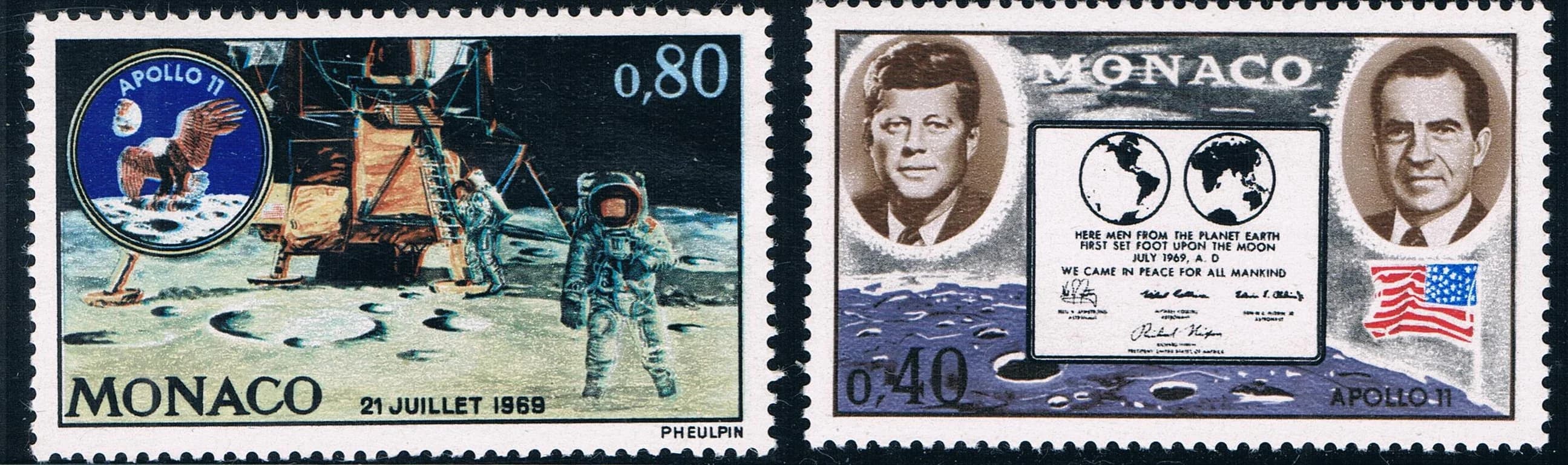 2 pz/set Nuovo Monaco Post Stamp 1970 Apollo 11 Atterraggio sulla Luna Presidente Kennedy Francobolli MNH