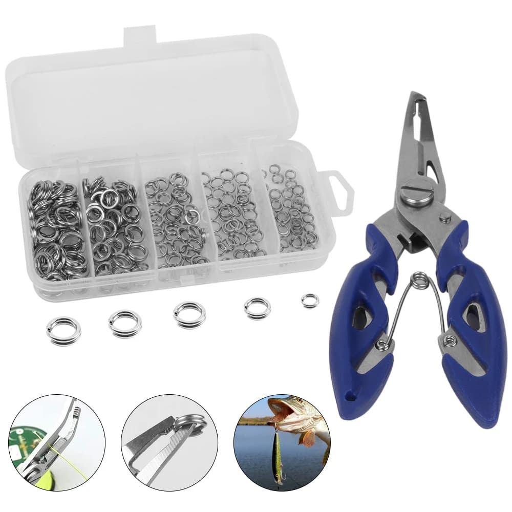 200 assorted pieces of 5 sizes divided rings stainless steel fishing baits connectors for fishing pliers equipment