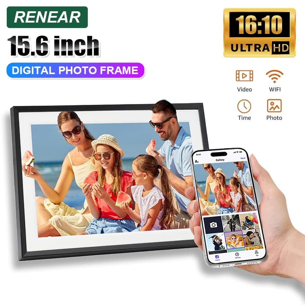 Cornice digitale intelligente da 15,6 pollici con WiFi, 64GB, schermo HD touch screen, compatibile con prese UK, EU e US, regalo per riunioni di famiglia, cornice digitale per foto IPS.