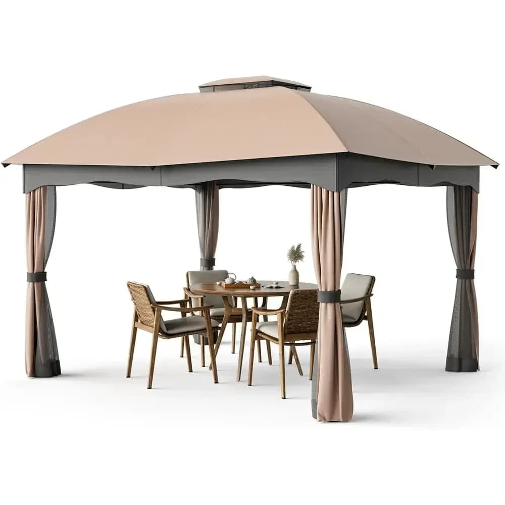 10x12 Double-Vented Steel Patio Gazebo with Zippered Curtains and Mesh Netting for Outdoor, Garden, and Poolside Use (Brown)
