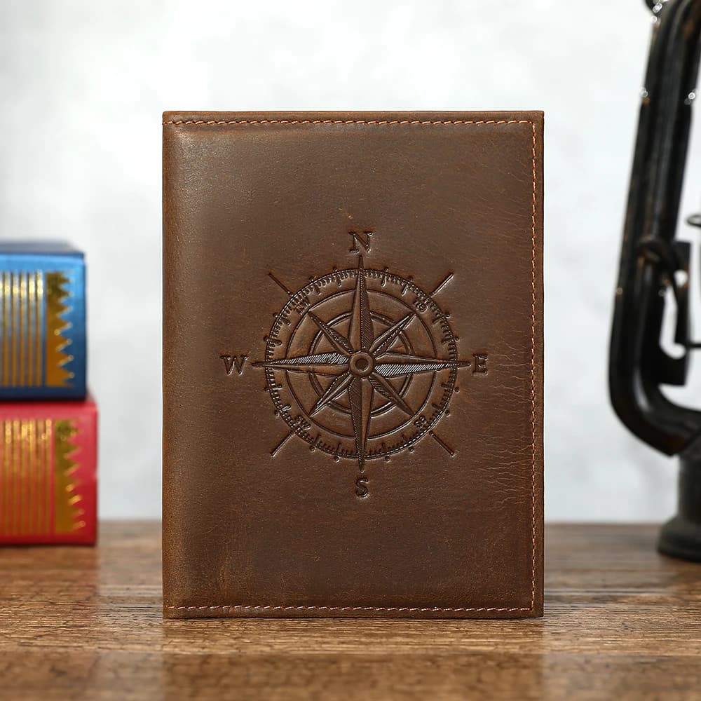 Retro Compass Embossed Genuine Leather Wallet RFID Blocking Crazy Horse Leather Multi-functional Bifold Purse with AirTag Holder