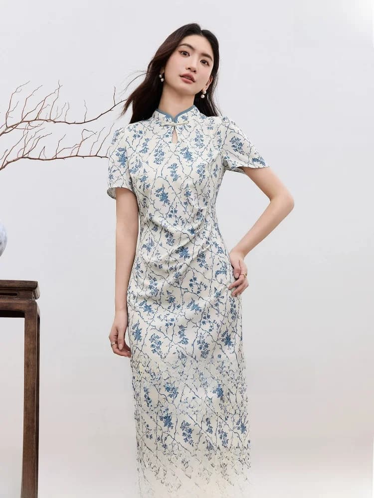Commute Floral Print Slim Fit Midi Dress Stand Collar Short Sleeve Polyester Fiber Straight Tube Skirt Casual Summer Dress