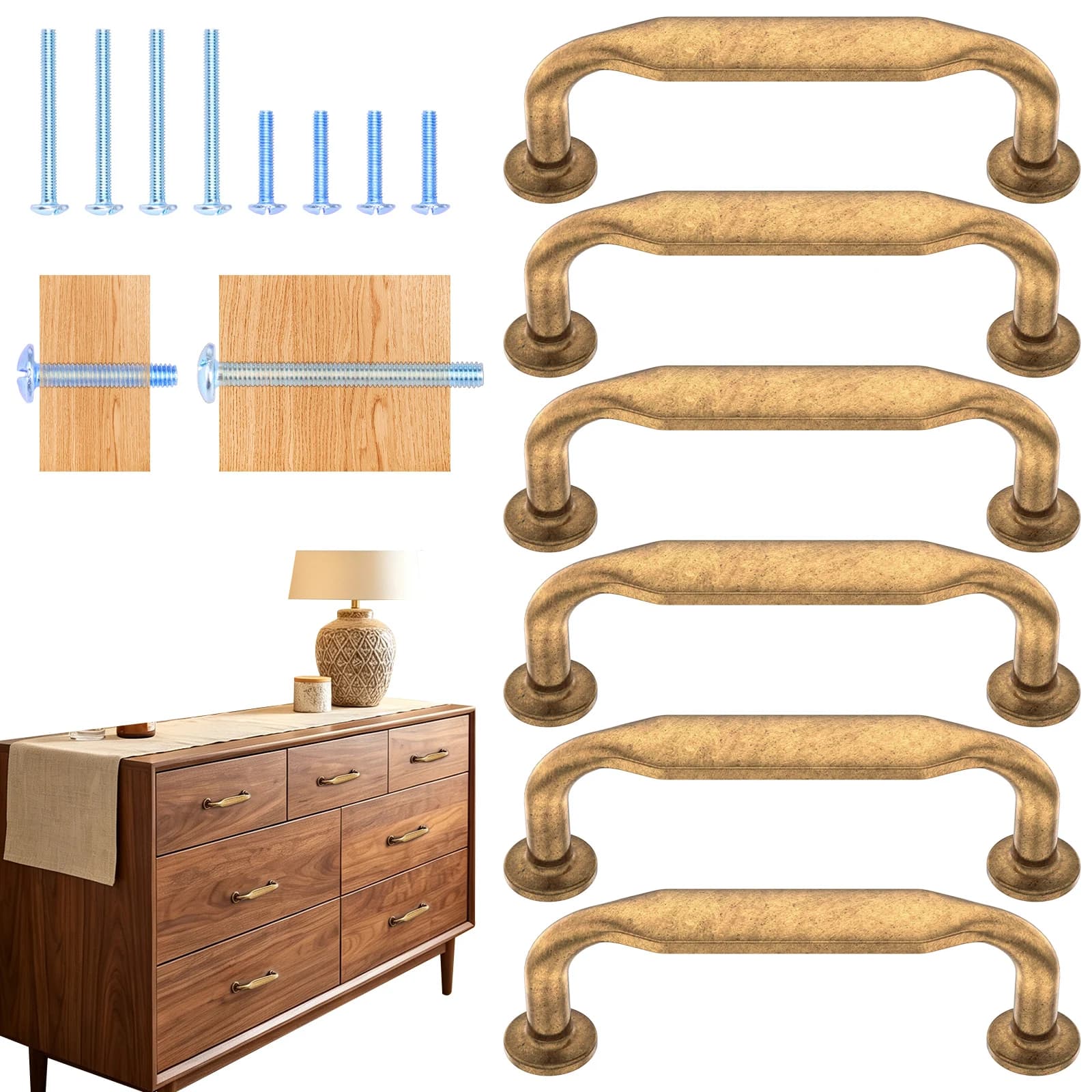 6 Pack Antique Brass Kitchen Cabinet Handle for Drawer Home Bathroom Bedroom Furnishing Kitchen Cabinet Handle Cabinet Pull