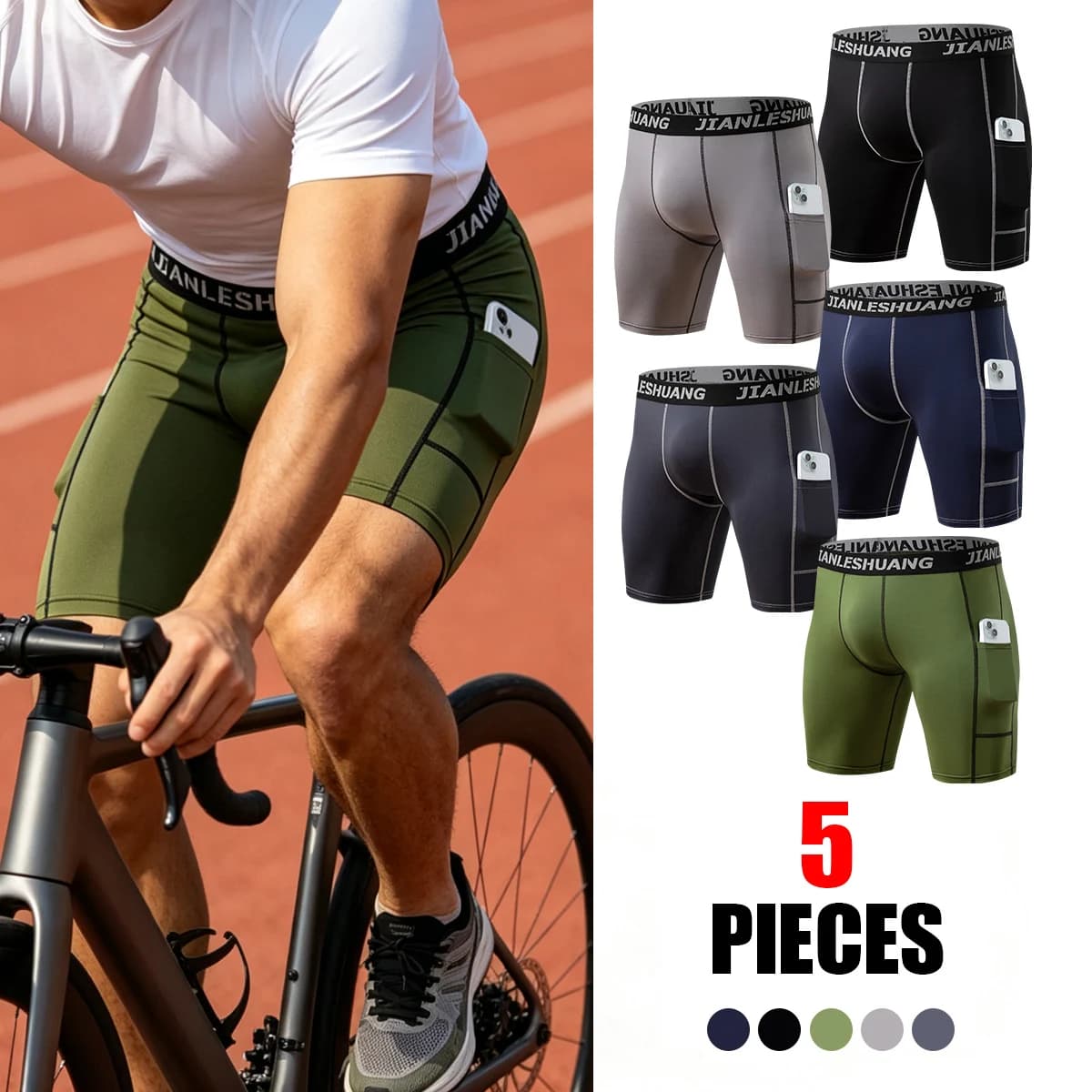 5-piece Set Of Men's Fashionable And Versatile Long Underwear Sports And Casual Elastic Waistband Shorts Cycling Beach Shorts