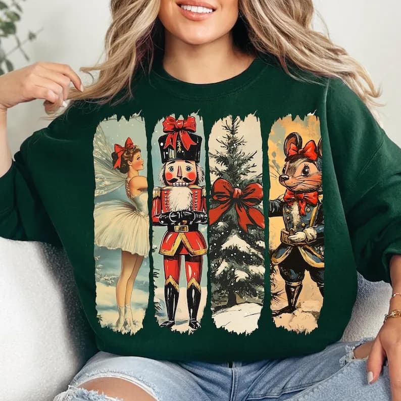 Vintage Ballet and Nutcracker Coquette Bow Mouse Christmas Trees Png Retro Girly Winter Long Sleeve Thermal Hoodie Pullover