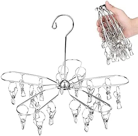 Stendibiancheria Pieghevole in Acciaio Inossidabile con 20 Clip per Calzini, Biancheria Intima, Reggiseni, Asciugamani, Vestiti per Bambini