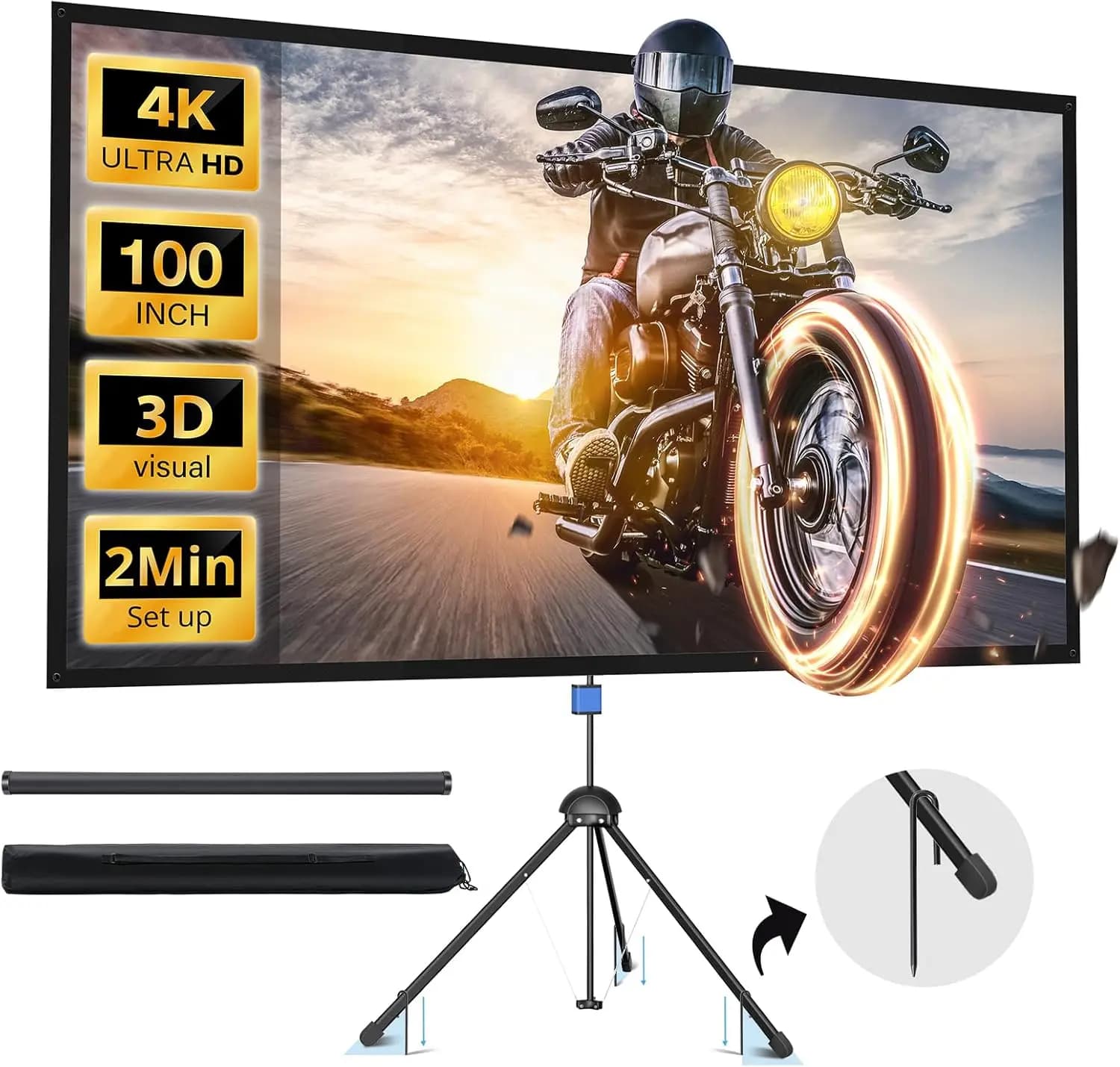 Schermo per proiettore da 100 pollici con supporto per film all'aperto e al chiuso, schermo portatile 4K HD in PVC con treppiede e borsa per il trasporto