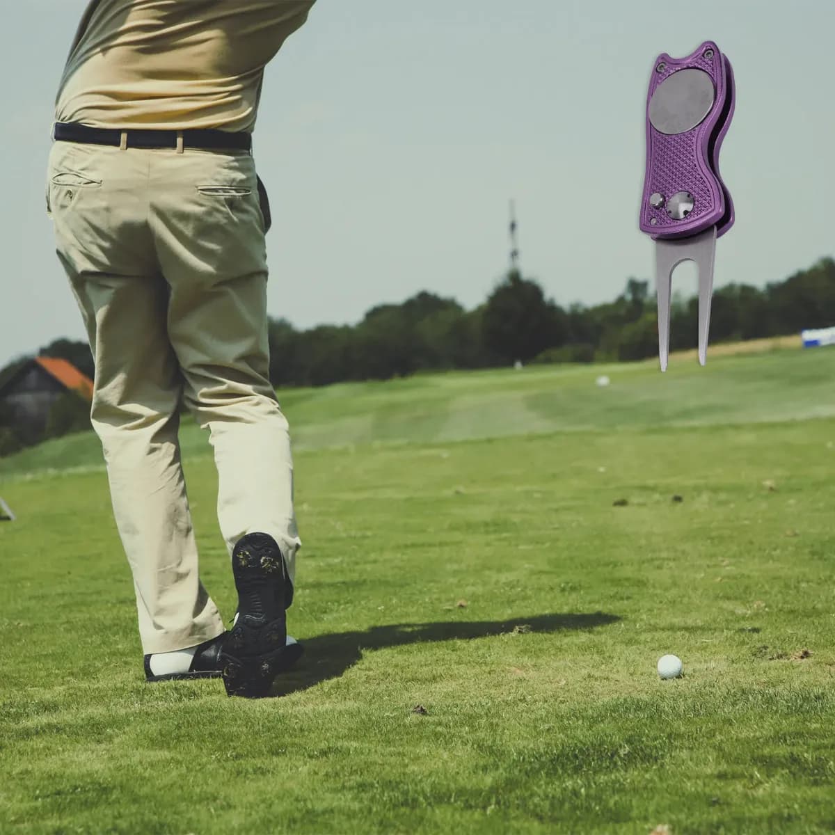 Strumento Riparatore Divot da Golf Pieghevole in Acciaio Inossidabile con Funzione a Pulsante, Marcatore Palla, Portatile e Leggero per Allenamento Golf