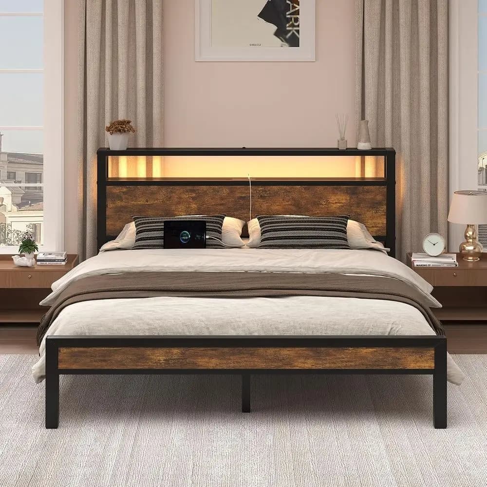 Rustic Brown Metal Platform Bed with Charging Station, LED Lights, and 2-Tier Storage, Queen Size, Easy Assembly, No Box Spring