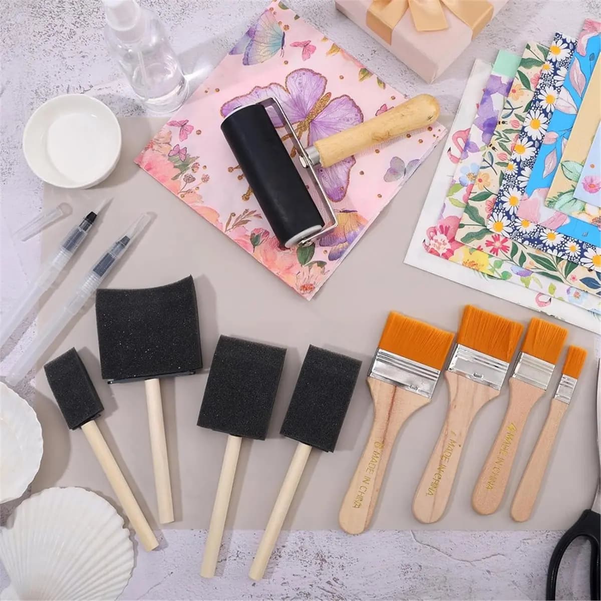 New Decoupage 2026 Kit from 19 Pieces, Decoupage Brush, Foam Brush, Water Pen, 4 Inch Rubber Roller, Silicone Mat, Bottle