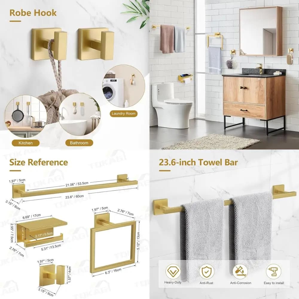 Set di accessori da bagno a parete in oro spazzolato: portasciugamani in acciaio inossidabile 23,6, porta carta igienica con ripiano