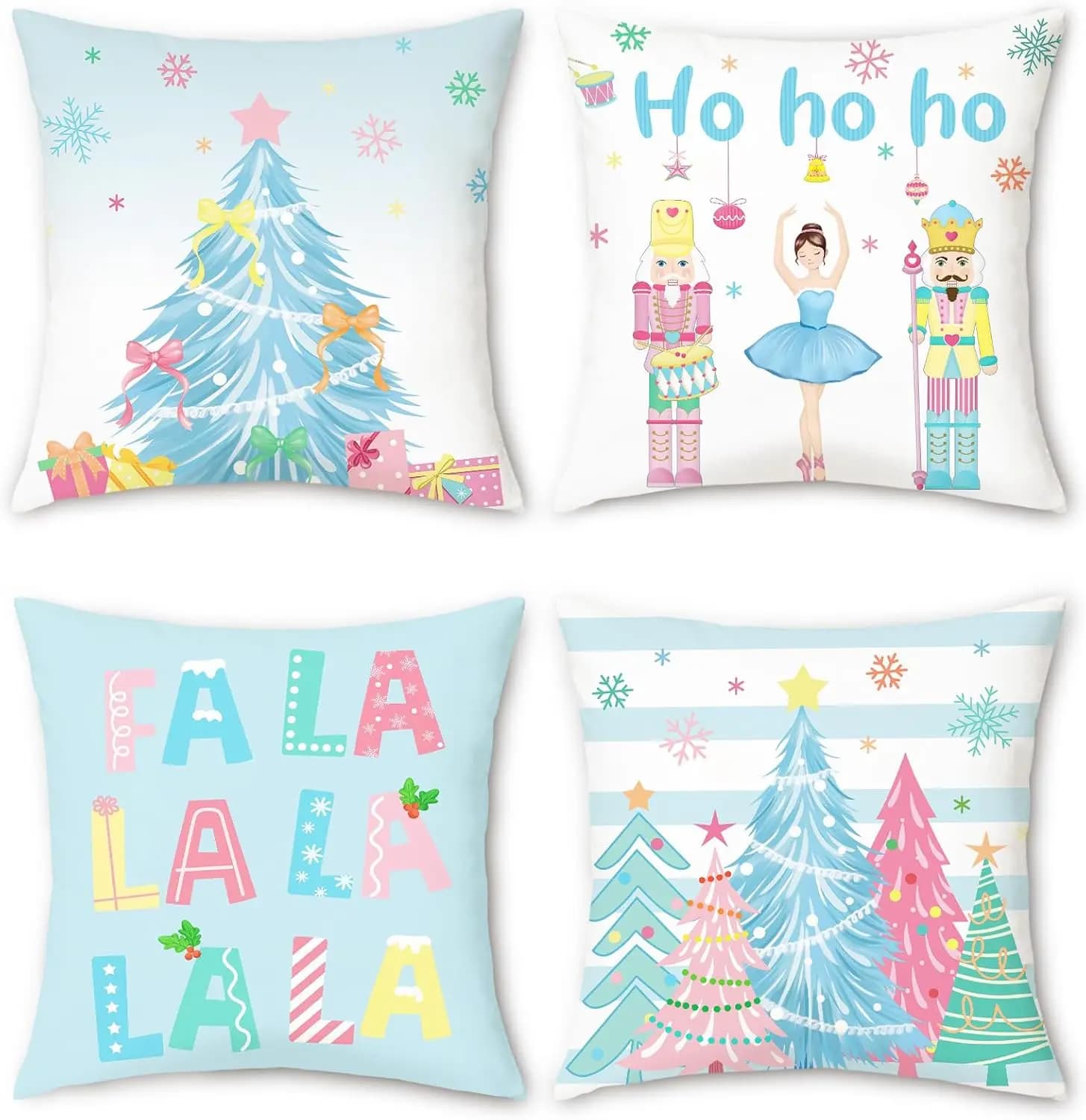 Christmas Set of 4 Double Sided Throw Pillow Covers Blue Nutcracker Tree Cushion Cases Decor Couch Sofa Home
