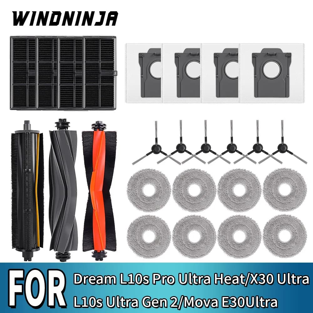 Replacement Parts for Dreame L10s Pro Ultra Heat/L10s Ultra Gen 2/X30 Ultra/Mova E30 Ultra Filter Main Roller Brush Mop Dust Bag