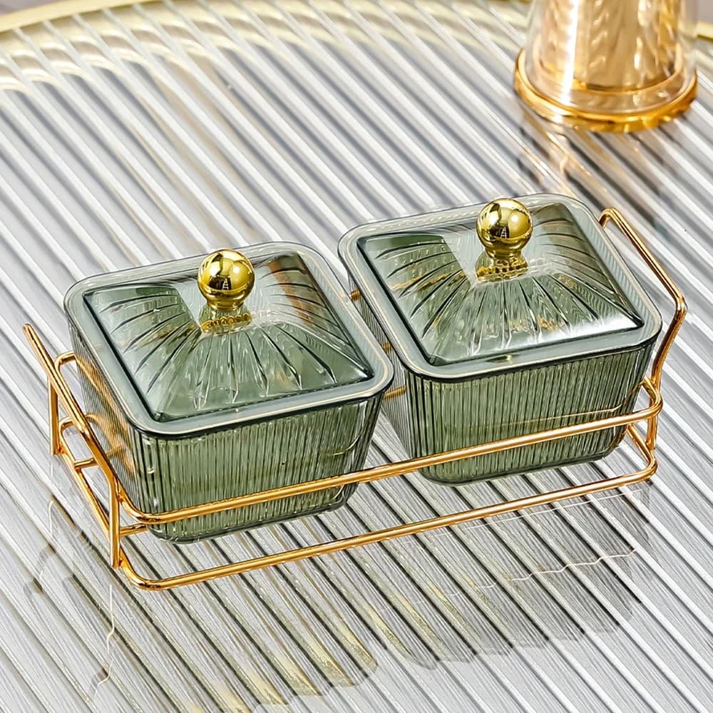 2Pcs Green Dried Fruit Plate Snacks Dishes Dessert Bowls Set With Lid Nut Candy Food Storage Serving Tray Kitchen Tableware