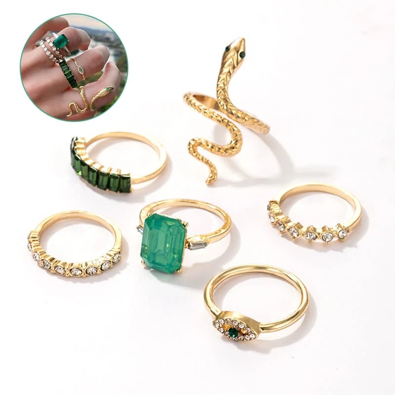 [HS]New 6Pcs/set Luxury Green Rhinestone Snake Rings for Women Vintage Crystal Jewelry