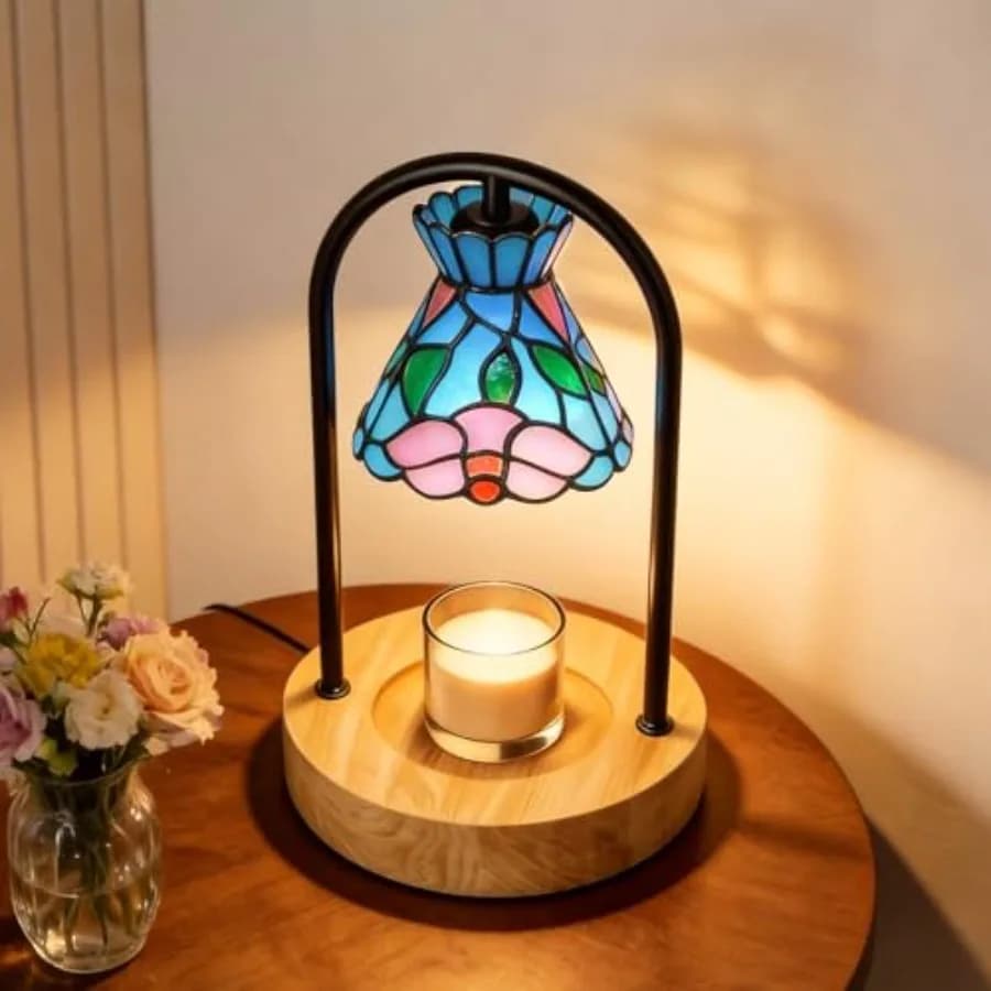 Scaldacera Elettrico Dimmerabile con Timer - Lampada a Candela Tiffany a Fiore di Ciliegio per Candele Profumate, Design ad Arco Stabile con Natur