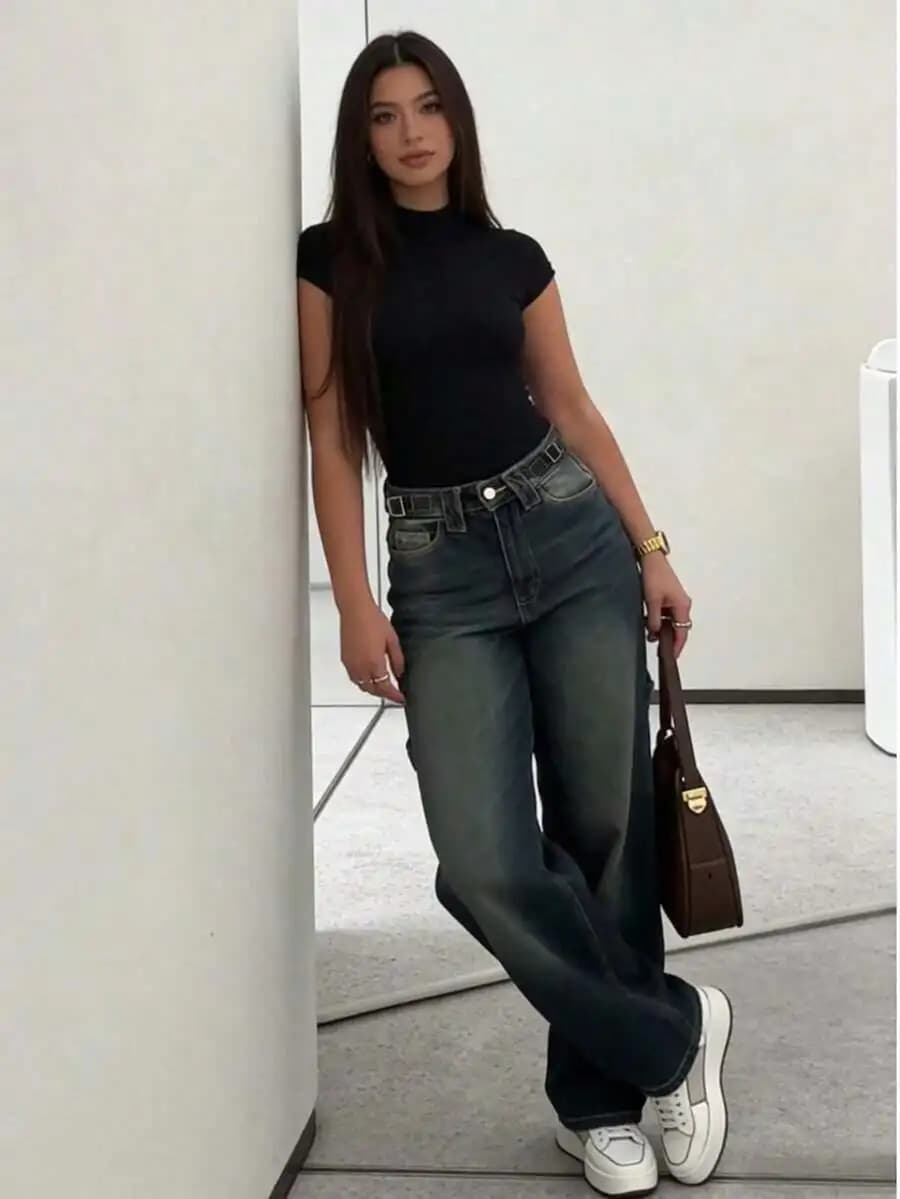 Jeans da Donna a Gamba Dritta, Lavaggio Medio, Stile Boyfriend, Vita Media, Pantaloni Casual in Denim