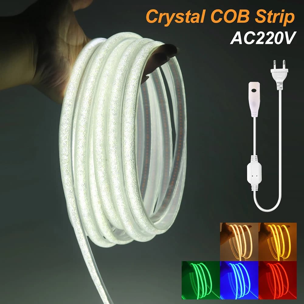 Luxury Crystal Style COB Neon Light White Blue Red Blue Green Strip Rope Lights for Hotel 220V EU/UK Power Plug Kit 288LEDs/m