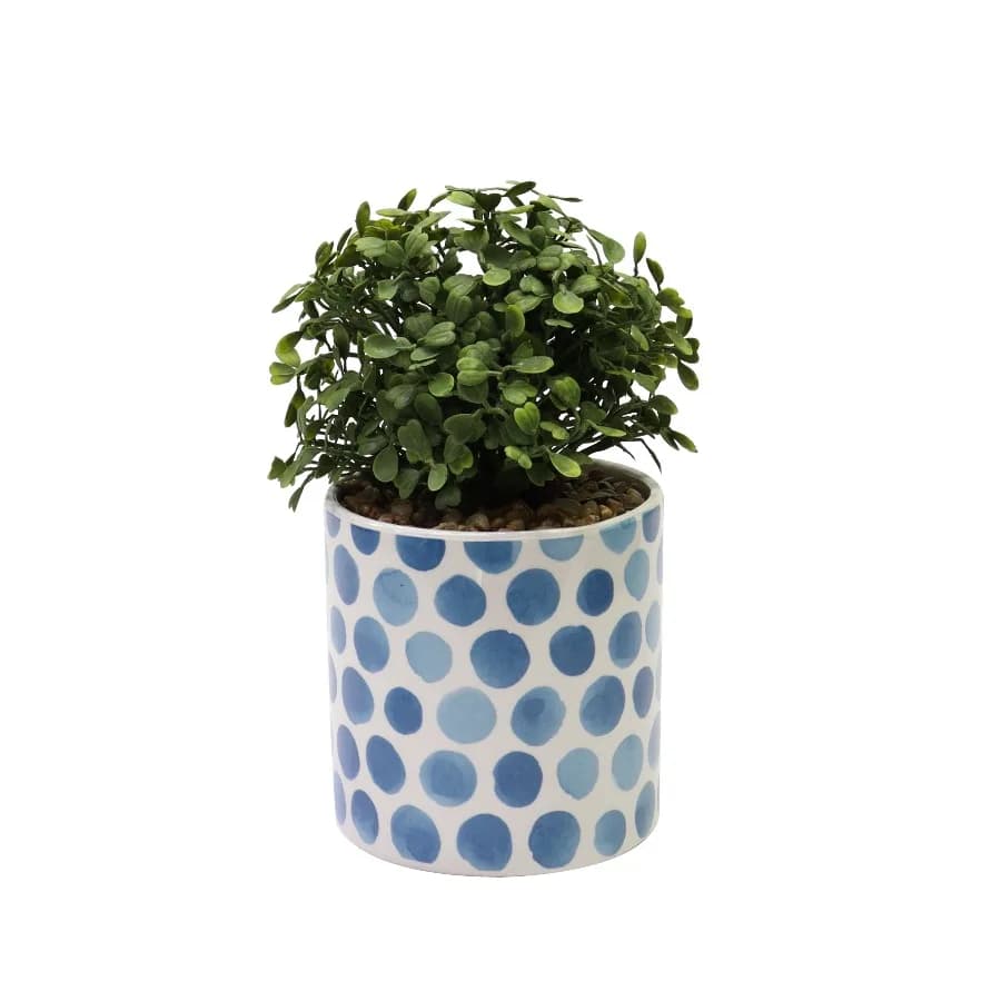 8.3 H Artificial Boxwood Plant in Blue Polka Dot Ceramic Pot