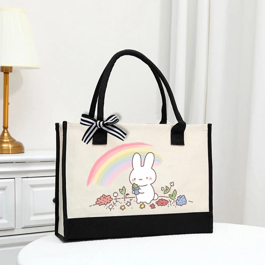 Borsa in tela bianca leggera con stampa cartoon - elegante e pratica borsa tote