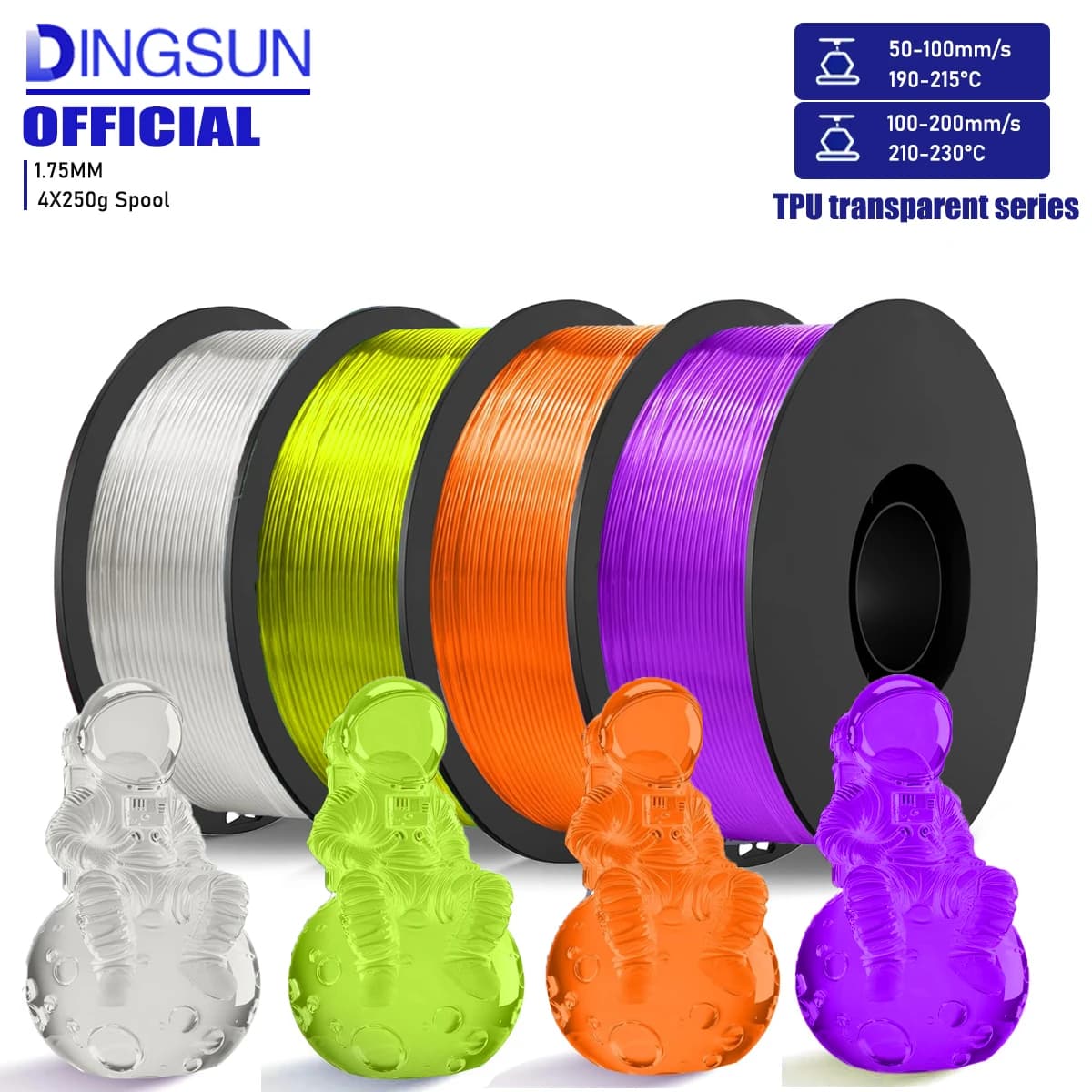 Filament for 3D printer TPU 1,75 mm, transparent TPU filament at high speed 95A, 250 g/500 g/1 kg, dimensional accuracy +/- 0.03 mm
