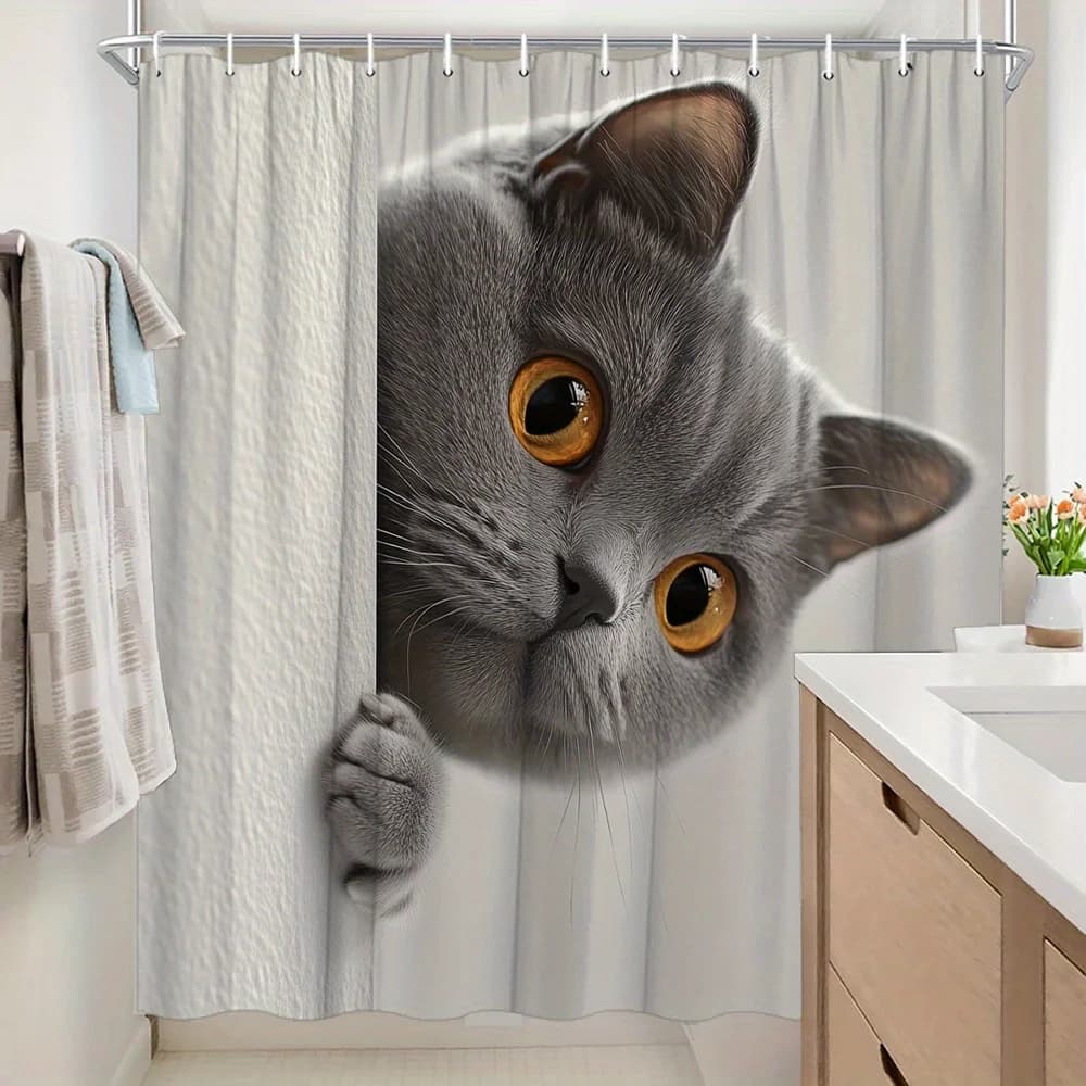 Peeking British Shorthair Shower Curtain, White Textured Cute Grey Kitten Print Waterproof Curtain for Cat Lover Bathroom Decor