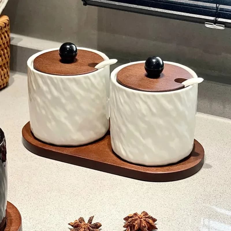 Set di barattoli per spezie in ceramica, contenitori da cucina in stile francese per condimenti, organizer ermetico completo con cucchiai, elementi essenziali per la cucina