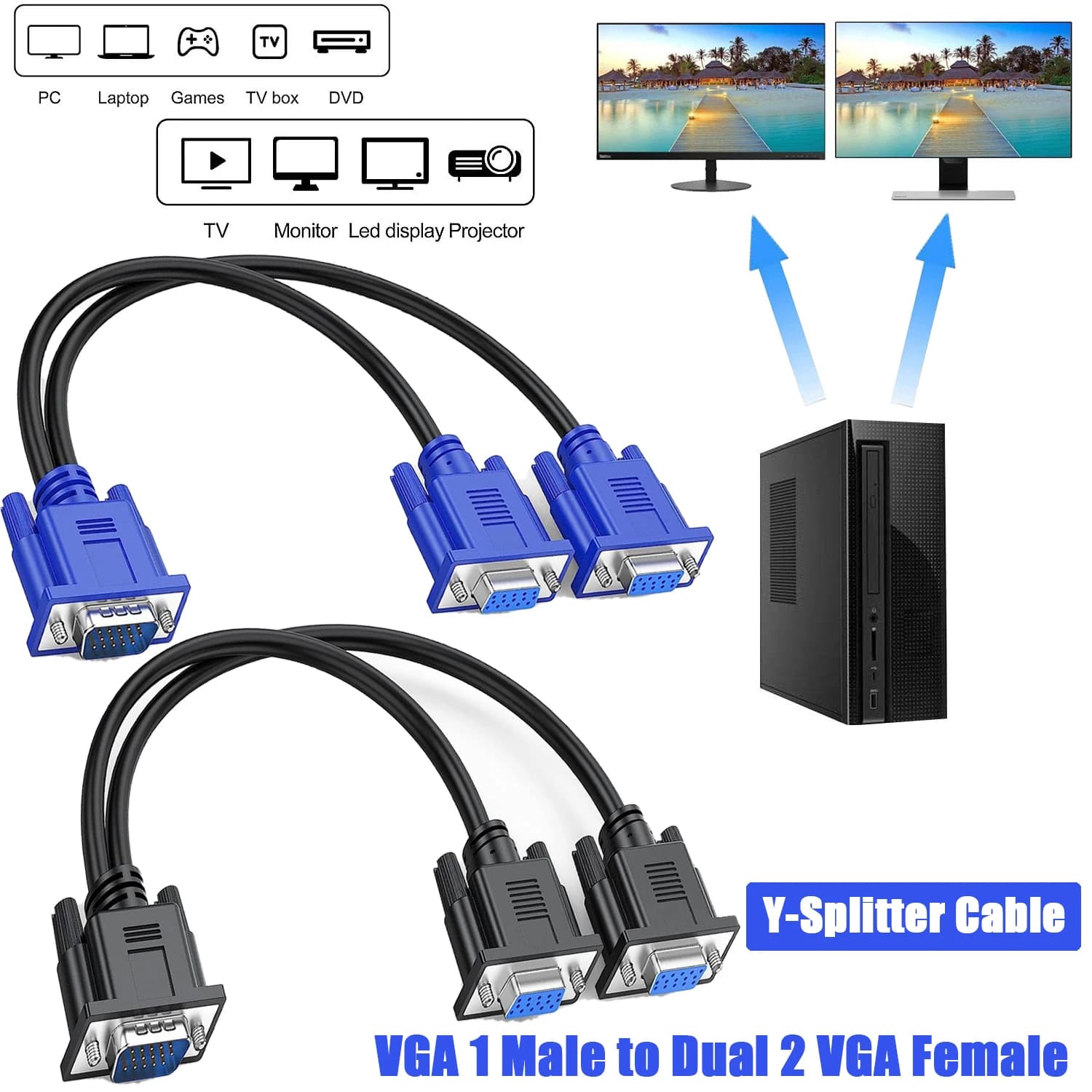 Cavo splitter VGA Cavo Y doppio monitor VGA 1080P Cavo adattatore da 1 maschio a 2 femmine per duplicazione schermo per proiettori HDTV