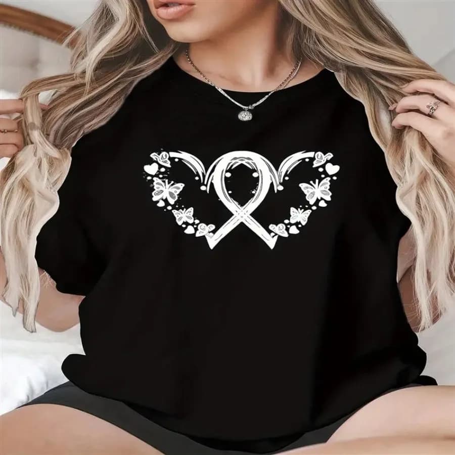 【New style】Plus Size Womens Black and White Butterfly Heart and Floral T-Shirt - Relaxed Fit Short Sleeve Crew Neck Blouse Casu