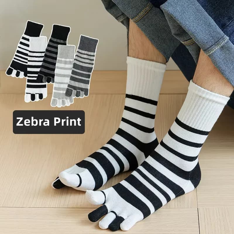 5 Paia di Calzini da Uomo in Cotone a Cinque Dita, Design a Righe Nere/Bianche Effetto Zebra, Anti-Odore, Traspiranti, Sportivi, con Separazione per Ciascuno del Dito