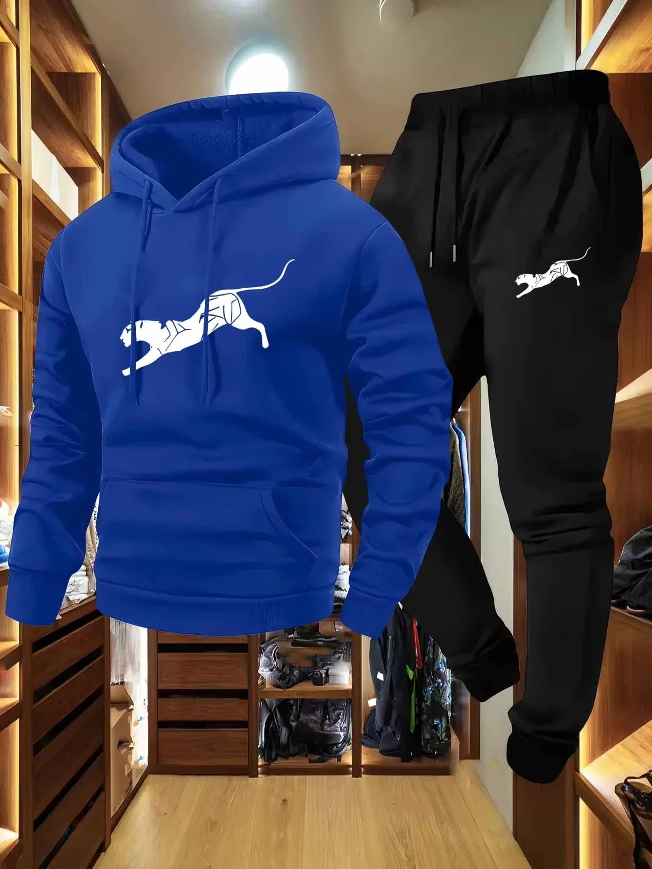 Men 2Pcs Tracksuit Leopard Animal Graphic Print Hoodie Set Long Sleeve Hooded Sweatshirt Jogger Pants Casual Sports Daily Outfit